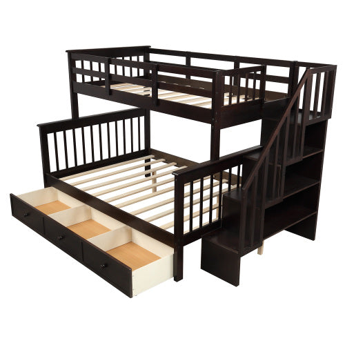 GFD Home - Stairway Twin-Over-Full Bunk Bed with Drawer, Storage and Guard Rail for Bedroom, Dorm, for Adults, Espresso - LP000219AAP - GreatFurnitureDeal