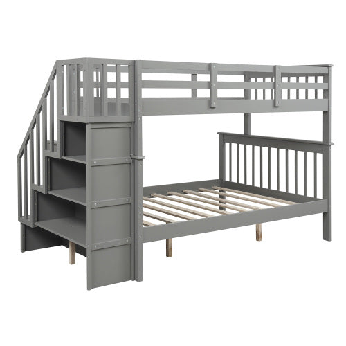GFD Home - Twin-Over-Twin Bunk Bed with Storage and Guard Rail for Bedroom, Dorm, for Kids, Adults, Gray - LP000019AAE - GreatFurnitureDeal