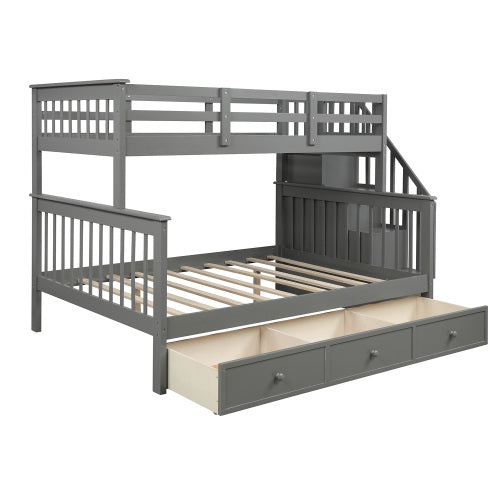 GFD Home - Stairway Twin-Over-Full Bunk Bed with Drawer, Storage and Guard Rail for Bedroom, Dorm, for Adults, Gray - LP000219AAE - GreatFurnitureDeal
