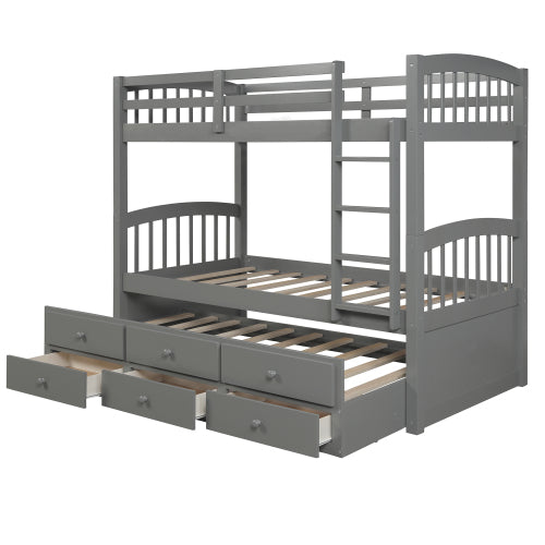 GFD Home - Twin Bunk Bed with Ladder, Safety Rail, Twin Trundle Bed with 3 Drawers for Teens Bedroom in Gray - LP000071AAE - GreatFurnitureDeal