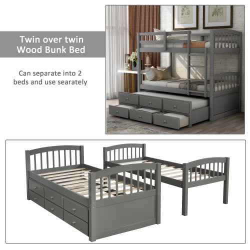 GFD Home - Twin Bunk Bed with Ladder, Safety Rail, Twin Trundle Bed with 3 Drawers for Teens Bedroom in Gray - LP000071AAE