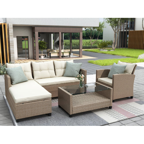 GFD Home - Outdoor, Patio Furniture Sets, 4 Piece Conversation Set Wicker Ratten Sectional Sofa with Seat Cushions - WY000112AAA - GreatFurnitureDeal
