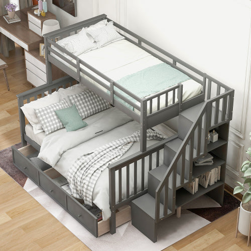 GFD Home - Stairway Twin-Over-Full Bunk Bed with Drawer, Storage and Guard Rail for Bedroom, Dorm, for Adults, Gray - LP000219AAE - GreatFurnitureDeal