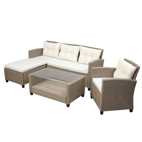 GFD Home - Outdoor, Patio Furniture Sets, 4 Piece Conversation Set Wicker Ratten Sectional Sofa with Seat Cushions - WY000112AAA