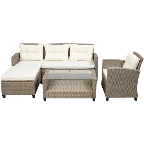 GFD Home - Outdoor, Patio Furniture Sets, 4 Piece Conversation Set Wicker Ratten Sectional Sofa with Seat Cushions - WY000112AAA