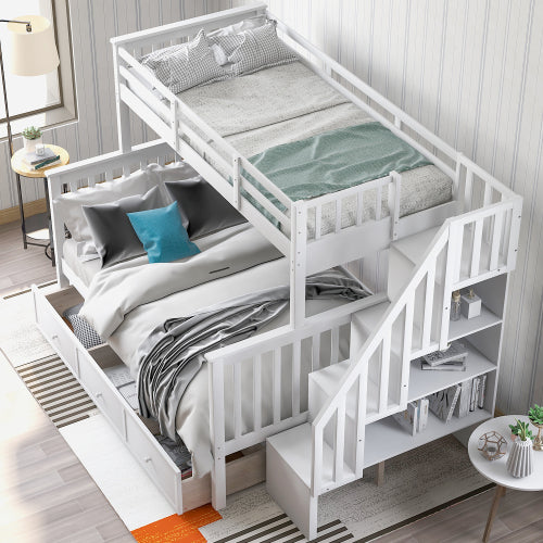GFD Home - Stairway Twin-Over-Full Bunk Bed with Drawer, Storage and Guard Rail for Bedroom, Dorm, for Adults, White - LP000219AAK - GreatFurnitureDeal