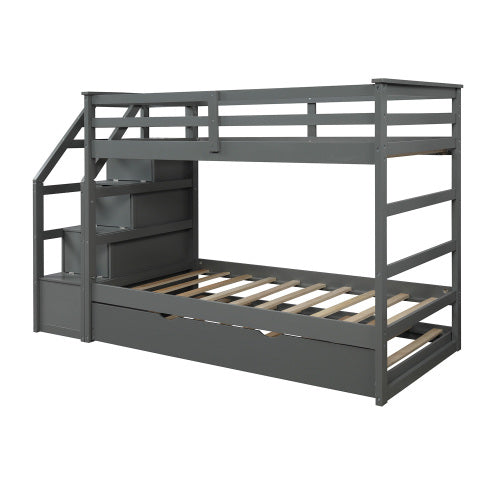 GFD Home - Twin-Over-Twin Bunk Bed with Twin Size Trundle and 3 Storage Stairs (Gray) - LP000064AAE