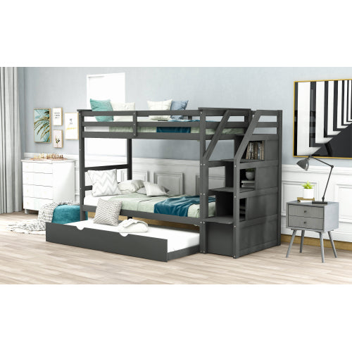 GFD Home - Twin-Over-Twin Bunk Bed with Twin Size Trundle and 3 Storage Stairs (Gray) - LP000064AAE - GreatFurnitureDeal