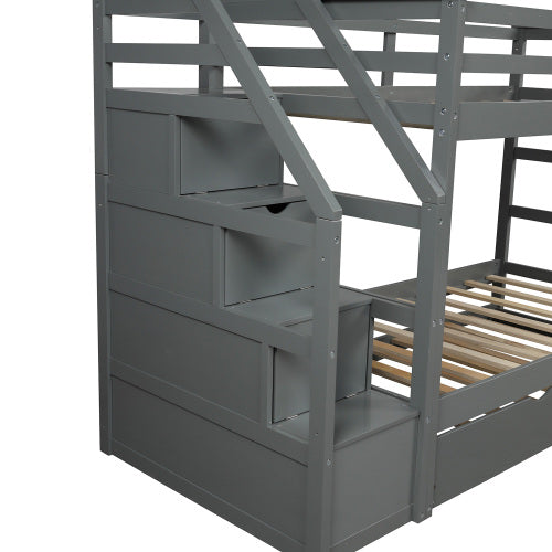 GFD Home - Twin-Over-Twin Bunk Bed with Twin Size Trundle and 3 Storage Stairs (Gray) - LP000064AAE - GreatFurnitureDeal