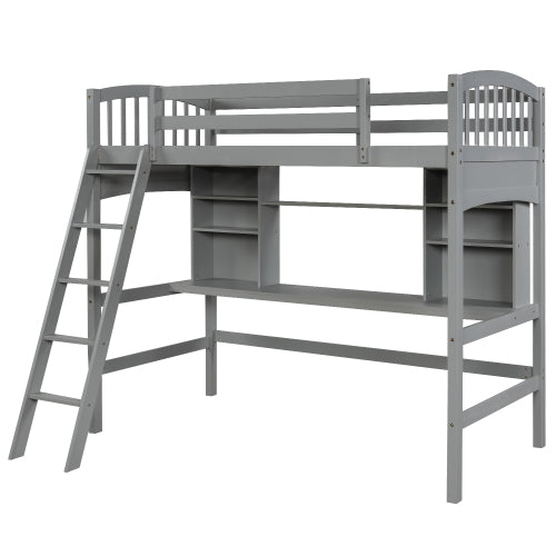 GFD Home - Twin size Loft Bed with Storage Shelves, Desk and Ladder, Gray - LP000140EAA