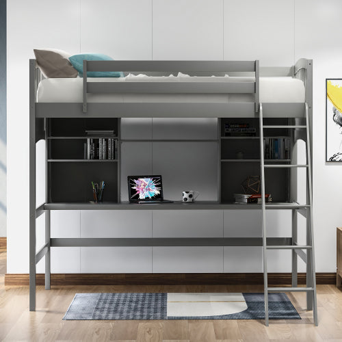 GFD Home - Twin size Loft Bed with Storage Shelves, Desk and Ladder, Gray - LP000140EAA - GreatFurnitureDeal