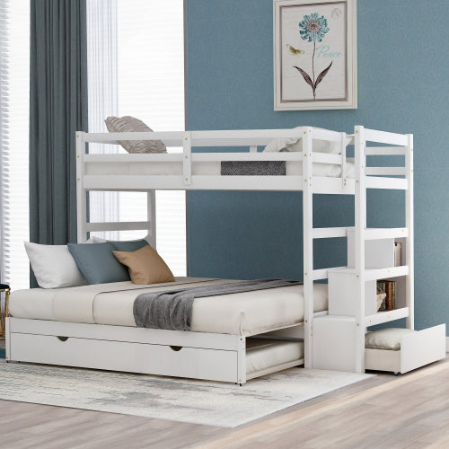 GFD Home - Twin over Twin-King Bunk Bed with Twin Size Trundle in White - LP000032AAK - GreatFurnitureDeal