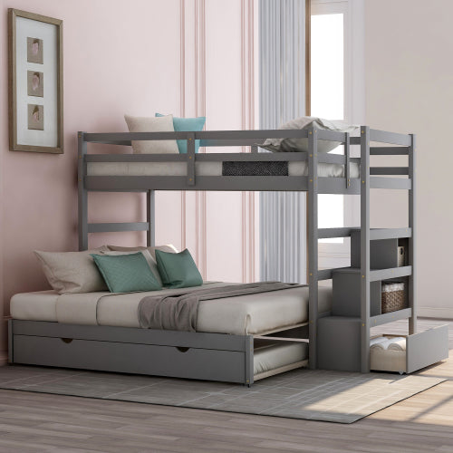 GFD Home - Twin over Twin-King Bunk Bed with Twin Size Trundle in Gray - LP000032AAE - GreatFurnitureDeal