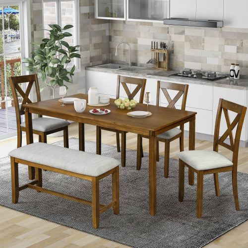 GFD Home - 6-Piece Kitchen Dining Table Set Wooden Rectangular Dining Table, 4 Dining Chair and Bench - ST000013AAD - GreatFurnitureDeal