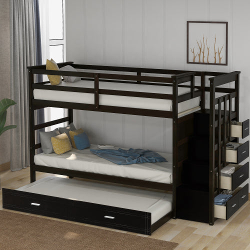 GFD Home - Solid Wood Bunk Bed, Hardwood Twin Over Twin Bunk Bed with Trundle and Staircase, Natural Espresso Finish - LP000068AAP