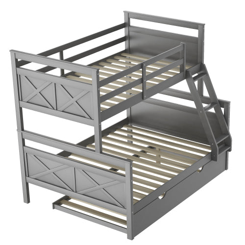 GFD Home - Twin Over Full Bunk Bed with Ladder, Twin Size Trundle, Safety Guardrail, Gray - SM000208AAE - GreatFurnitureDeal