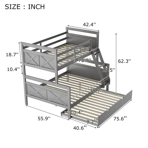 GFD Home - Twin Over Full Bunk Bed with Ladder, Twin Size Trundle, Safety Guardrail, Gray - SM000208AAE
