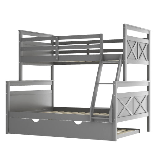 GFD Home - Twin Over Full Bunk Bed with Ladder, Twin Size Trundle, Safety Guardrail, Gray - SM000208AAE - GreatFurnitureDeal