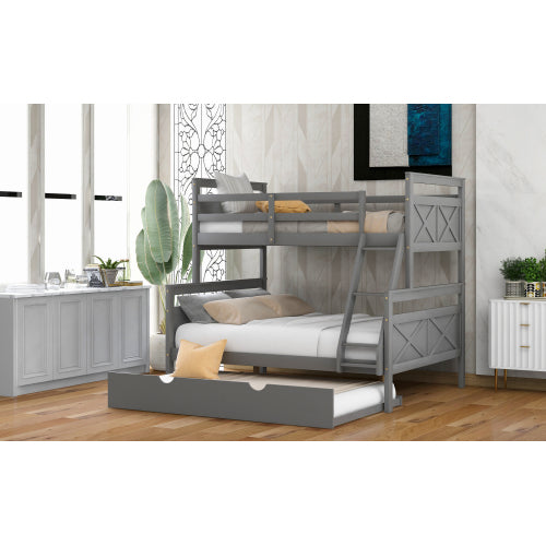 GFD Home - Twin Over Full Bunk Bed with Ladder, Twin Size Trundle, Safety Guardrail, Gray - SM000208AAE - GreatFurnitureDeal