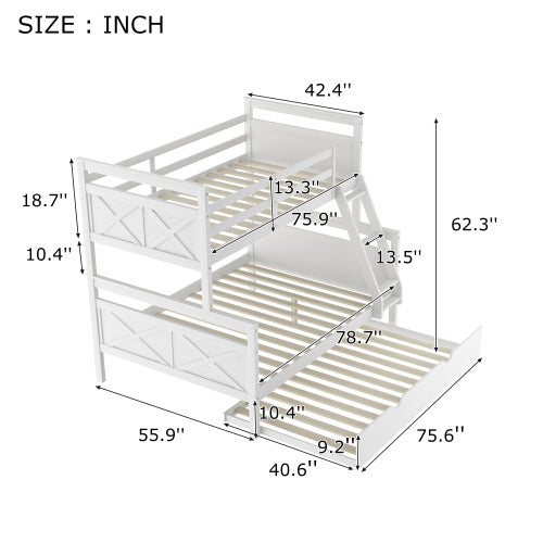 GFD Home - Twin Over Full Bunk Bed with Ladder, Twin Size Trundle, Safety Guardrail, White - SM000208AAK