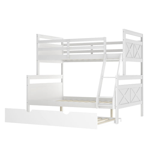 GFD Home - Twin Over Full Bunk Bed with Ladder, Twin Size Trundle, Safety Guardrail, White - SM000208AAK