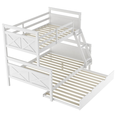 GFD Home - Twin Over Full Bunk Bed with Ladder, Twin Size Trundle, Safety Guardrail, White - SM000208AAK - GreatFurnitureDeal