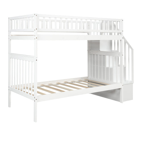 GFD Home - Twin over twin bunk bed with trundle and storage, White - SM000304AAK - GreatFurnitureDeal
