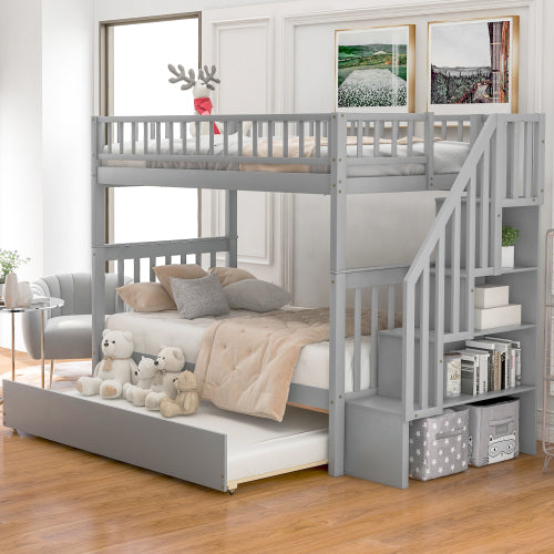 GFD Home - Twin over twin bunk bed with trundle and storage, Gray - SM000304AAE - GreatFurnitureDeal
