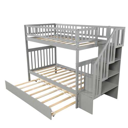 GFD Home - Twin over twin bunk bed with trundle and storage, Gray - SM000304AAE
