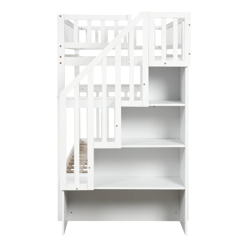 GFD Home - Twin over twin bunk bed with trundle and storage, White - SM000304AAK - GreatFurnitureDeal
