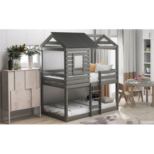GFD Home - Twin Over Twin Bunk Bed Wood Loft Bed with Roof, Window, Guardrail, Ladder for Kids, Teens, Girls, Boys (Gray) - LP000088AAN - GreatFurnitureDeal
