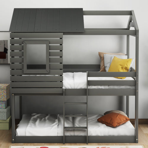GFD Home - Twin Over Twin Bunk Bed Wood Loft Bed with Roof, Window, Guardrail, Ladder for Kids, Teens, Girls, Boys (Gray) - LP000088AAN - GreatFurnitureDeal