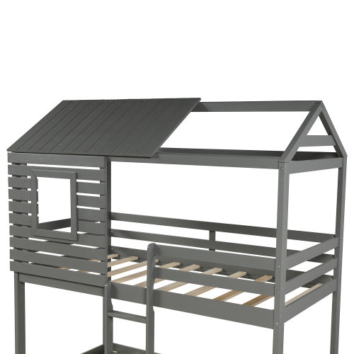 GFD Home - Twin Over Twin Bunk Bed Wood Loft Bed with Roof, Window, Guardrail, Ladder for Kids, Teens, Girls, Boys (Gray) - LP000088AAN