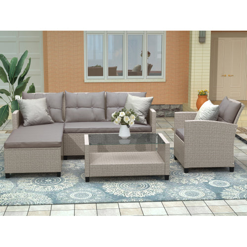 GFD Home - Outdoor, Patio Furniture Sets, 4 Piece Conversation Set Wicker Ratten Sectional Sofa with Seat Cushions - WY000112EAA - GreatFurnitureDeal