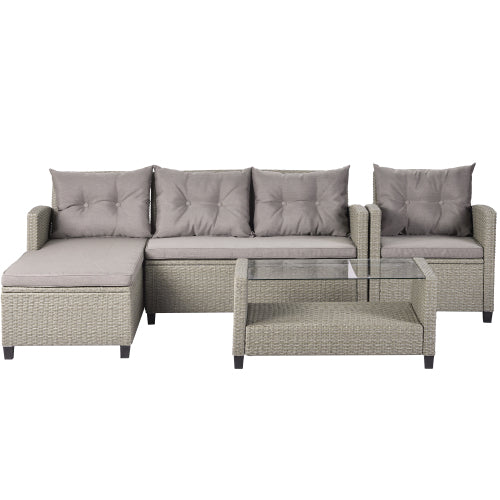 GFD Home - Outdoor, Patio Furniture Sets, 4 Piece Conversation Set Wicker Ratten Sectional Sofa with Seat Cushions - WY000112EAA