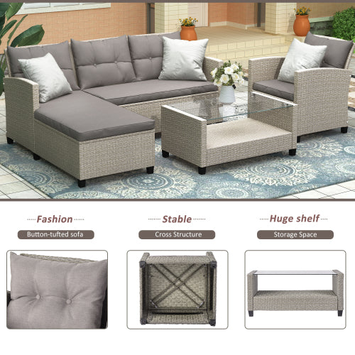 GFD Home - Outdoor, Patio Furniture Sets, 4 Piece Conversation Set Wicker Ratten Sectional Sofa with Seat Cushions - WY000112EAA