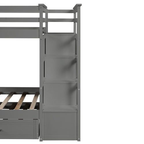 GFD Home - Solid Wood Bunk Bed, Hardwood Twin Over Twin Bunk Bed with Trundle and Staircase, Natural Gray Finish - LP000068AAE