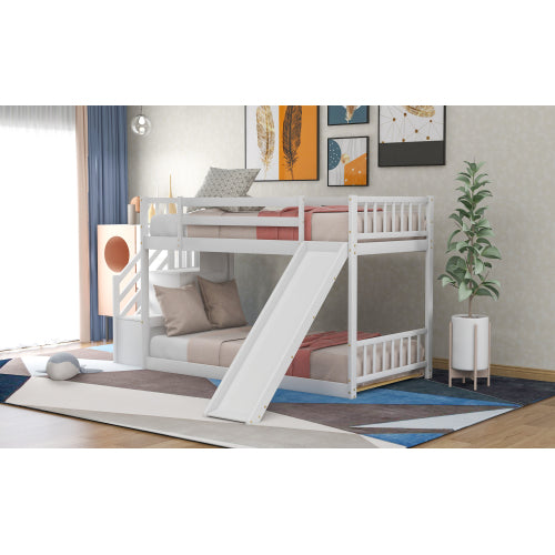 GFD Home - Twin Over Twin Bunk Bed with Convertible Slide and Stairway, White - SM000207AAK - GreatFurnitureDeal