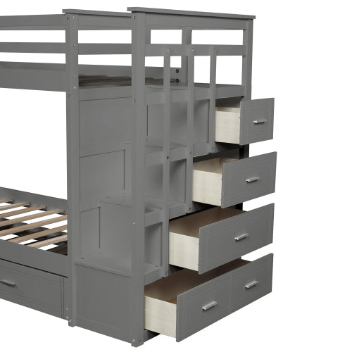 GFD Home - Solid Wood Bunk Bed, Hardwood Twin Over Twin Bunk Bed with Trundle and Staircase, Natural Gray Finish - LP000068AAE