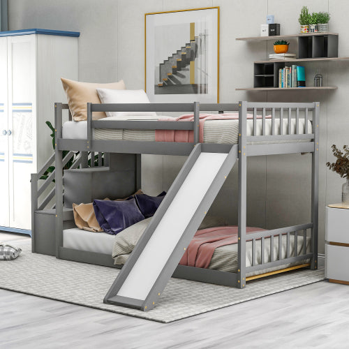 GFD Home - Twin Over Twin Bunk Bed with Convertible Slide and Stairway, Gray - SM000207AAE - GreatFurnitureDeal