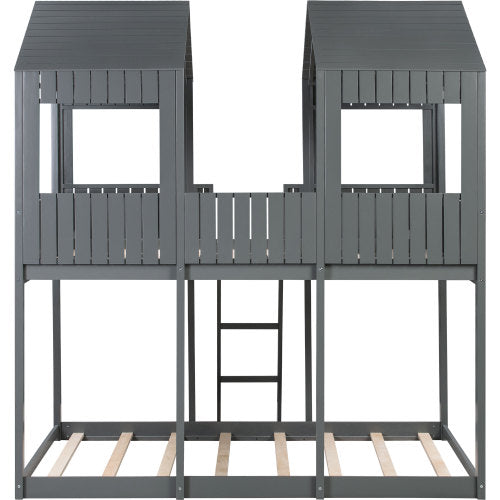 GFD Home - Full Over Full Wood Bunk Bed with Roof, Window, Guardrail, Ladder in Gray - LP000031AAN - GreatFurnitureDeal