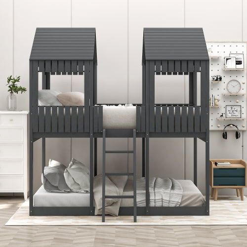 GFD Home - Full Over Full Wood Bunk Bed with Roof, Window, Guardrail, Ladder in Gray - LP000031AAN