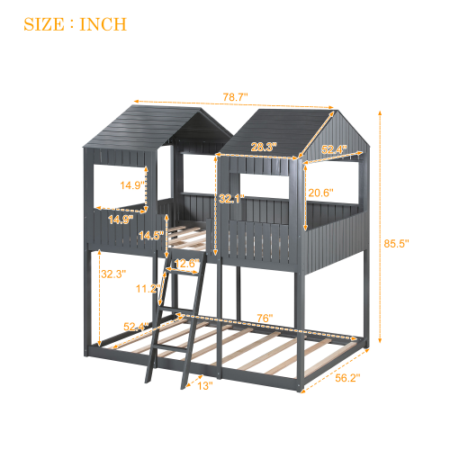 GFD Home - Full Over Full Wood Bunk Bed with Roof, Window, Guardrail, Ladder in Gray - LP000031AAN