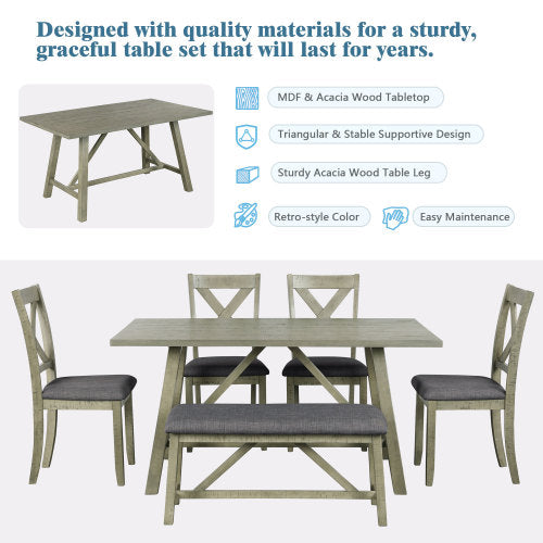 GFD Home - 6 Piece Dining Table Set Wood Dining Table and chair Kitchen Table Set with Table, Bench and 4 Chairs, Rustic Style, Gray - SH001091AAE