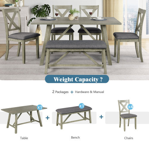 GFD Home - 6 Piece Dining Table Set Wood Dining Table and chair Kitchen Table Set with Table, Bench and 4 Chairs, Rustic Style, Gray - SH001091AAE - GreatFurnitureDeal