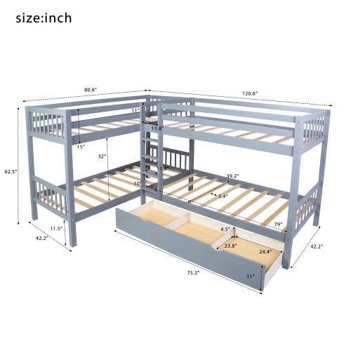 GFD Home - Twin L-Shaped Bunk bed with Drawers-Gray - LP000038AAE