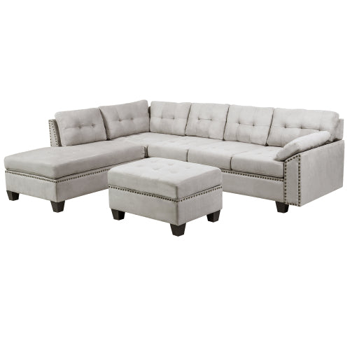 GFD Home - 3 Piece Sectional Sofa with Chaise Lounge and Storage Ottoman Nail Head Detail in Gray - ST000008AAE - GreatFurnitureDeal