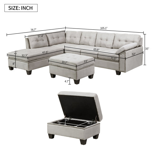 GFD Home - 3 Piece Sectional Sofa with Chaise Lounge and Storage Ottoman Nail Head Detail in Gray - ST000008AAE
