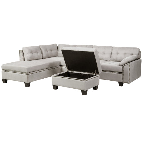 GFD Home - 3 Piece Sectional Sofa with Chaise Lounge and Storage Ottoman Nail Head Detail in Gray - ST000008AAE - GreatFurnitureDeal