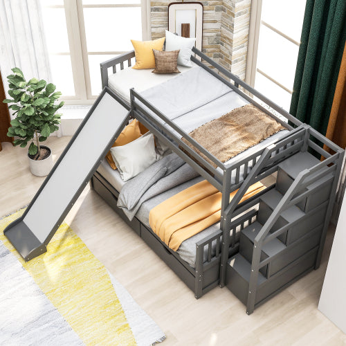 GFD Home - Twin over Full Bunk Bed with Drawers,Storage and Slide, Multifunction, Gray - SM000109AAE